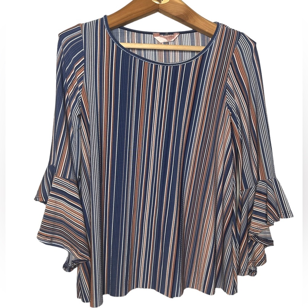 SJS Top Blouse Shirt Woman's L Stripes Bell Sleeves  Wrinkle Free